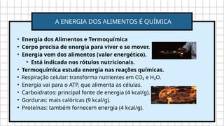 • Energia dos Alimentos e Termoquímica
• Corpo precisa de energia para viver e se mover.
• Energia vem dos alimentos (valor energético).
⚬ Está indicada nos rótulos nutricionais.
• Termoquímica estuda energia nas reações químicas.
• Respiração celular: transforma nutrientes em CO₂ e H₂O.
• Energia vai para o ATP, que alimenta as células.
• Carboidratos: principal fonte de energia (4 kcal/g).
• Gorduras: mais calóricas (9 kcal/g).
• Proteínas: também fornecem energia (4 kcal/g).
A ENERGIA DOS ALIMENTOS É QUÍMICA
 