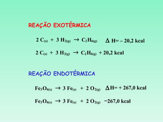 REAÇÃO EXOTÉRMICA

  2 C(s) + 3 H 2(g) → C2 H6(g)   ∆ H= – 20,2 kcal
 2 C(s) + 3 H 2(g) → C2 H6(g) + 20,2 kcal


REAÇÃO ENDOTÉRMICA

 Fe3 O4(s) → 3 Fe(s) + 2 O 2(g) ∆ H= + 267,0 kcal

 Fe3 O4(s) → 3 Fe(s) + 2 O 2(g) −267,0 kcal
 