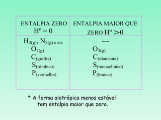 ENTALPIA ZERO        ENTALPIA MAIOR QUE
    Hº = 0              ZERO Hº     >0
H2(g), N2(g) e etc            ---
  O2(g)                   O3(g)
  C(grafite)              C(diamante)
   S(rômbico)             S(monoclínico)
  P(vermelho)             P(branco)


  * A forma alotrópica menos estável
      tem entalpia maior que zero.
 