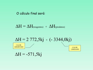 O cálculo final será:



 ∆H = ∆H(reagentes)       +   ∆H(produtos)

∆H = 2 772,5kj            +   (- 3344,0kj)
  CALOR
ABSORVIDO                                     CALOR
                                             LIBERADO


∆H = -571,5kj
 