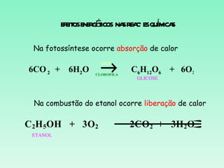 E E OSE R ÉICOS NA R A E QUM S
           F IT NE GT       S E CÕ S Í ICA

 Na fotossíntese ocorre absorção de calor

6CO 2 + 6H2O         →
                     LUZ

                   CLOROFILA
                               C6H12O6 + 6O2
                                GLICOSE




 Na combustão do etanol ocorre liberação de calor

C 2H 5OH + 3O2          →
                        2CO 2 + 3H 2O
 ETANOL
 