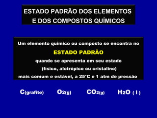 ESTADO PADRÃO DOS ELEMENTOS
E DOS COMPOSTOS QUÍMICOS
Um elemento químico ou composto se encontra no
ESTADO PADRÃO
quando se apresenta em seu estado
(físico, alotrópico ou cristalino)
mais comum e estável, a 25°C e 1 atm de pressão
C(grafite) O2(g) CO2(g) H2O ( l )
 
