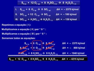 S8 (s)
+ 12 O2 (g)
+ 8 H2
SO4 ()
 8 H2
S2
O7 ()
Repetimos a equação ( I ):
I. S8 (s)
+ 8 O2 (g)
 8 SO2 (g)
ΔH = – 2375 kj/mol
II. SO2 (g)
+ 1/2 O2 (g)
 SO3 (g)
ΔH = – 100 kj/mol
III. SO3 (g)
+ H2
SO4 ()
 H2
S2
O7 ()
ΔH = – 130 kj/mol
S8 (s)
+ 8 O2 (g)
 8 SO2 (g)
ΔH = – 2375 kj/mol
Multiplicamos a equação ( II ) por “ 8 “ :
8 SO2 (g)
+ 4 O2 (g)
 8 SO3 (g)
ΔH = – 800 kj/mol
Multiplicamos a equação ( III ) por “ 8 “ :
8 SO3 (g)
+ 8 H2
SO4 ()
 8 H2
S2
O7 ()
ΔH = – 1040 kj/mol
Somamos todas as equações:
S8 (s)
+ 12 O2 (g)
+ 8 H2
SO4 ()
 8 H2
S2
O7 ()
ΔH = – 4215 kj/mol
 