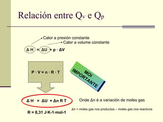 Relación entre Q v  e Q p MOI IMPORTANTE Δ  H  =  Δ U  + p ·  Δ V Δ  H  =  Δ U  +  Δ n R T P · V = n · R · T Calor a presión constante Calor a volume constante Onde  Δ n é a variación de moles gas Δ n = moles gas nos productos – moles gas nos reactivos R = 8,31 J·K-1·mol-1   