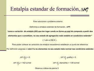 Entalpía estandar de formación, Definimos a entalpìa estándar de formación,  ∆Hºf ,  “ como a variación  de entalpìa ( Δ H)  que ten lugar cando se forma  un mol  de composto a partir dos  elementos que o constitúen, no seu estado de agregación máis estable en condicións estándar”   ( 1 atm e 298 K ) .  Para poder coñecer as variacións de entalpía necesitamos establecer un punto de referencia. Por definición asignase o  valor 0 a os elementos no seu estado máis normal nas condicións estándar. Observa a táboa da páxina 5 Para solucionar o problema anterior: ∆ H º f  H 0  (O 2 ) = 0 f  H 0  (O 3 ) = 142 kJ/mol f  H 0  (C, grafito) = 0 f  H 0  (C, diamante) = 1.90 kJ/mol f 
