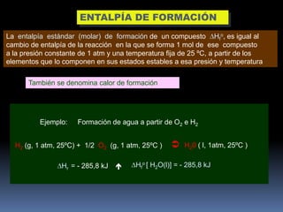 ENTALPÍA DE FORMACIÓN
La entalpía estándar (molar) de formación de un compuesto Hfo, es igual al
cambio de entalpía de la reacción en la que se forma 1 mol de ese compuesto
a la presión constante de 1 atm y una temperatura fija de 25 ºC, a partir de los
elementos que lo componen en sus estados estables a esa presión y temperatura
También se denomina calor de formación

Ejemplo:

Formación de agua a partir de O2 e H2

H2 (g, 1 atm, 25ºC) + 1/2 O2 (g, 1 atm, 25ºC )
Hr = - 285,8 kJ





H20 ( l, 1atm, 25ºC )

Hfo [ H2O(l)] = - 285,8 kJ

 