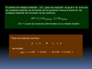 El cambio de entalpía estándar , Hro ,para una reacción es igual a la suma de
las entalpías estándar de formación de los producto menos la suma de las
entalpías estándar de formación de los reactivos.
Hro =

Hfoproductos -

Hforeactivos

Hro = 0 para las especies elementales en su estado estable

Para una reacción química:
aA + bB



cC + dD

se cumple:
Hro = c

Hfo C + d HfoD – (a

HfoA + b

HfoB)

 