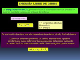 ENERGÍA LIBRE DE GIBBS
La energía libre de Gibbs, G, permite evaluar la espontaneidad de un proceso sin
tener en cuenta la variación de entropía del entorno
Se define como:
T = temperatura absoluta
H= entalpía
S = entropía

G = H - TS

Es una función de estado que sólo depende de los estados inicial y final del sistema
Cuando un sistema experimenta un cambio a temperatura y presión
constantes se puede determinar la espontaneidad del proceso evaluando
el cambio de G sin preocuparse del cambio de esa magnitud para el entorno

Gr =

Hr - T

Sr

 