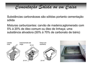 Cementação Sólida ou em Caixa
Substâncias carbonáceas são sólidas portanto cementação
sólida
Misturas carburizantes: carvão de madeira;aglomerado com
5% à 20% de óleo comum ou óleo de linhaça; uma
substância ativadora (50% à 70% de carbonato de bário)
 