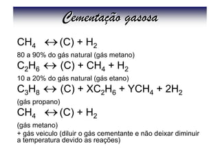 Cementação gasosa
CH4       (C) + H2
80 a 90% do gás natural (gás metano)
C2H6     (C) + CH4 + H2
10 a 20% do gás natural (gás etano)
C3H8     (C) + XC2H6 + YCH4 + 2H2
(gás propano)
CH4       (C) + H2
(gás metano)
+ gás veiculo (diluir o gás cementante e não deixar diminuir
a temperatura devido as reações)
 