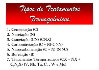 Tipos de Tratamentos
            Termoquímicos
1.   Cementação (C)
2.   Nitretação (N)
3.   Cianetação (CN) (CNX)
4.   Carbonitretação (C + N)(C >N)
5.   Nitrocarbonetação (C + N) (N >C)
6.   Boretação (B)
7.   Tratamentos Termorreativos (CX + NX +
     CyNzX) (V, Nb, Ta, Cr , W e Mo)
 