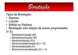 Boretação
Tipos de Boretação:
• Gasosa
• Líquida
• Sólida ou Pastosa
• Boretação com adição de outras propriedades
(+ X):
  –   Boroaluminização (Al)
  –   Borossiliconização (Si)
  –   Borocromização (Cr)
  –   Borocromotitanização (Cr + Ti)
  –   Borovanadização (V)
  –   Borocromovanadização (Cr + V)
 