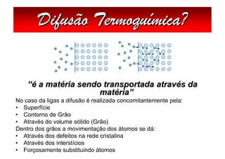 Difusão Termoquímica?


    “é a matéria sendo transportada através da
                      matéria”
No caso da ligas a difusão é realizada concomitantemente pela:
• Superfície
• Contorno de Grão
• Através do volume sólido (Grão)
Dentro dos grãos a movimentação dos átomos se dá:
• Através dos defeitos na rede cristalina
• Através dos interstícios
• Forçosamente substituindo átomos
 