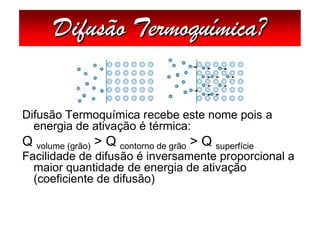 Difusão Termoquímica?


Difusão Termoquímica recebe este nome pois a
  energia de ativação é térmica:
Q volume (grão) > Q contorno de grão > Q superfície
Facilidade de difusão é inversamente proporcional a
  maior quantidade de energia de ativação
  (coeficiente de difusão)
 
