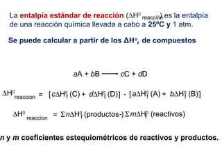 La entalpía estándar de reacción (∆H0
) es la entalpía
de una reacción química llevada a cabo a 25ºC y 1 atm.
reacción
aA + bB cC + dD
∆H0
reaccion d∆H0
(D)fc∆H0
(C)f= [ + ] - b∆H0
(B)fa∆H0
(A)f[ + ]
∆H0
n∆H0
(productos )f= Σ m∆H0
(reactivos)fΣ-
Se puede calcular a partir de los ΔHo
f de compuestos
n y m coeficientes estequiométricos de reactivos y productos.
reaccion
 