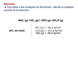 Ejercicio:
● Con base a las entalpías de formación, calcule la entalpía
normal de la reacción:
4NH3 (g) +5O2 (g)  4NO (g) +6H2O (g)
ΔHo
f
de tabla
NH3
(g) = -46,2 kj/mol
H2
O (g) = -241,8 kj/mol
NO (g) = -90,4 kj/mol
 
