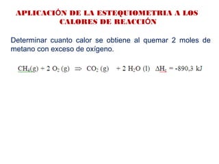 APLICACIÓN DE LA ESTEQUIOMETRIA A LOS
CALORES DE REACCIÓN
Determinar cuanto calor se obtiene al quemar 2 moles de
metano con exceso de oxígeno.
 