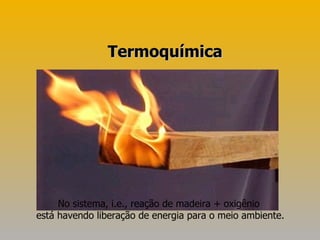 Termoquímica  No sistema, i.e., reação de madeira + oxigênio está havendo liberação de energia para o meio ambiente. 