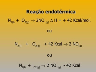 N 2(l)  +  O 2(g)     2NO  (g)     H = + 42 Kcal/mol. ou N 2(l)   +  O 2(g)   + 42 Kcal    2 NO (g)   ou N 2(l)  +  O2(g)     2 NO  (g)   - 42 Kcal Reação endotérmica 