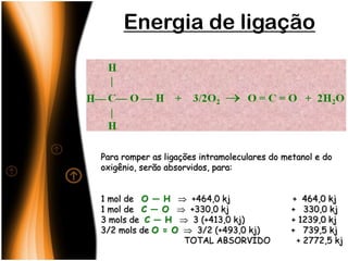 Energia de ligação




Para romper as ligações intramoleculares do metanol e do
oxigênio, serão absorvidos, para:


1 mol de O — H  +464,0 kj                    + 464,0 kj
1 mol de C — O  +330,0 kj                    + 330,0 kj
3 mols de C — H  3 (+413,0 kj)               + 1239,0 kj
3/2 mols de O = O  3/2 (+493,0 kj)           + 739,5 kj
                  TOTAL ABSORVIDO              + 2772,5 kj
 