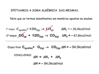 EFETUAMOS A SOMA ALGÉBRICA DAS MESMAS.


    Note que os termos semelhantes em membros opostos se anulam.


1ª etapa:   C(grafite)+ 1/2O2(g)  CO(g)   H1 = – 26,4kcal/mol

2ª etapa:    CO(g) + 1/2O2(g)  CO2(g) H2 = – 67,6kcal/mol


 Etapa final: C(grafite)+   O2(g)  CO2(g) H = – 94,0kcal/mol

       CONCLUINDO
                        H = H1 + H2

                        H = – 94,0kcal/mol
 