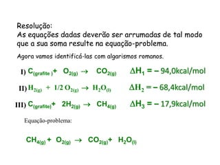 Resolução:
As equações dadas deverão ser arrumadas de tal modo
que a sua soma resulte na equação-problema.
Agora vamos identificá-las com algarismos romanos.

 I) C(grafite )+ O2(g)    CO2(g)     H1 = – 94,0kcal/mol

 II) H2(g) + 1/2 O2(g)  H2O(l)       H2 = – 68,4kcal/mol

III) C(grafite)+ 2H2(g)  CH4(g)      H3 = – 17,9kcal/mol
  Equação-problema:


   CH4(g) + O2(g)  CO2(g)+ H2O(l)
 