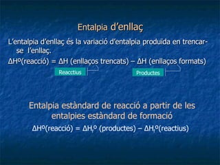 Entalpia  d’enllaç L’entalpia d’enllaç és la variació d’entalpia produïda en trencar-se  l’enllaç.  Δ Hº(reacció) =  Δ H (enllaços trencats)   –  Δ H (enllaços formats) Reacctius Productes Entalpia estàndard de reacció a partir de les entalpies estàndard de formació Δ Hº(reacció) =  Δ H f º (productes)   –  Δ H f º(reactius) 