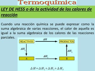 LEY DE HESS o de la actividad de los calores de
reacción
Cuando una reacción química se puede expresar como la
suma algebraica de varias reacciones, el calor de aquella es
igual a la suma algebraica de los calores de las reacciones
parciales.
 