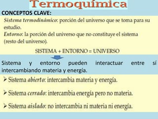 CONCEPTOS CLAVE:
Sistema y entorno pueden interactuar entre sí
intercambiando materia y energía.
 