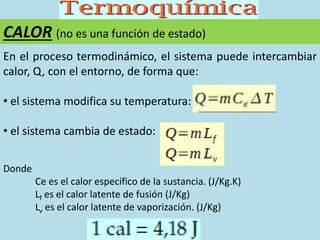 CALOR (no es una función de estado)
En el proceso termodinámico, el sistema puede intercambiar
calor, Q, con el entorno, de forma que:
• el sistema modifica su temperatura:
• el sistema cambia de estado:
Donde
Ce es el calor específico de la sustancia. (J/Kg.K)
Lf es el calor latente de fusión (J/Kg)
Lv es el calor latente de vaporización. (J/Kg)
 