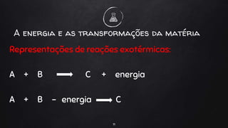 Representações de reações exotérmicas:
A + B C + energia
A + B - energia C
11
A energia e as transformações da matéria
 
