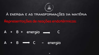 Representações de reações endotérmicas:
A + B + energia C
A + B C - energia
14
A energia e as transformações da matéria
 