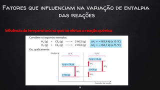 Influência da temperatura na qual se efetua a reação química
19
Fatores que influenciam na variação de entalpia
das reações
 