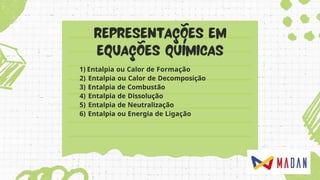 1) Entalpia ou Calor de Formação
2) Entalpia ou Calor de Decomposição
3) Entalpia de Combustão
4) Entalpia de Dissolução
5) Entalpia de Neutralização
6) Entalpia ou Energia de Ligação
 