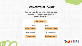 Energia transferida entre dois corpos,
fluindo do corpo mais quente
para o mais frio.
 