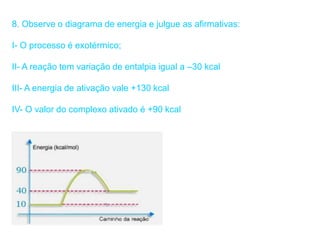 8. Observe o diagrama de energia e julgue as afirmativas:
I- O processo é exotérmico;
II- A reação tem variação de entalpia igual a –30 kcal
III- A energia de ativação vale +130 kcal
IV- O valor do complexo ativado é +90 kcal
 