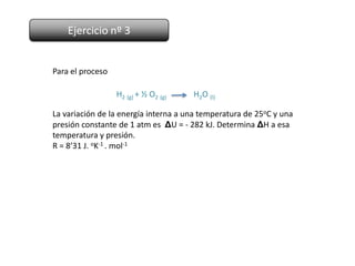 Ejercicio nº 3


Para el proceso

                  H2 (g) + ½ O2 (g)   H2O (l)

La variación de la energía interna a una temperatura de 25oC y una
presión constante de 1 atm es ΔU = - 282 kJ. Determina ΔH a esa
temperatura y presión.
R = 8’31 J. oK-1 . mol-1
 
