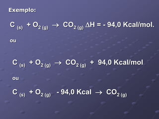 C (s) + O2 (g)  CO2 (g) H = - 94,0 Kcal/mol.
ou
C (s) + O2 (g)  CO2 (g) + 94,0 Kcal/mol
ou
C (s) + O2 (g) - 94,0 Kcal  CO2 (g)
Exemplo:
 