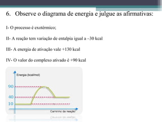 6. Observe o diagrama de energia e julgue as afirmativas:
I- O processo é exotérmico;
II- A reação tem variação de entalpia igual a –30 kcal
III- A energia de ativação vale +130 kcal
IV- O valor do complexo ativado é +90 kcal
 