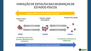 VARIAÇÃODE ENTALPIA NAS MUDANÇAS DE
ESTADOS FÍSICOS
Sólido Líquido Gasoso
As moléculas movimentam-se
rapidamente
Possuem alta energia
As moléculas estão muito
próximas, dificultando seus
movimentos
Possuem baixa
energia
Possuem energia
intermediária
Sentido endotérmico das mudanças de estados
FUSÃO EBULIÇÃO
Sentido exotérmico das mudanças de estados
Sentido exotérmico das mudanças de estados
SOLIDIFICAÇÃO CONDENSAÇÃO
 