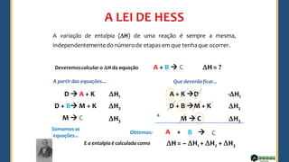 M → C
D + B →M + K
A + K →D
A variação de entalpia (H) de uma reação é sempre a mesma,
independentemente donúmerode etapas em que tenhaque ocorrer.
A + B → C
D → A + K
D + B→ M + K
M → C
Deveremoscalcular o H da equação H = ?
H1
H2
H3
A partir das equações... Que deverãoficar...
-H1
H2
H3
A B
+ → C
+
H = – H1 + H2 + H3
Somamosas
equações...
Obtemos:
E a entalpia é calculada como
QUÍMICA, 2º Ano do Ensino Médio
Entalpia das Reações Químicas
 