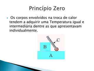     Os corpos envolvidos na troca de calor
    tendem a adquirir uma Temperatura igual e
    intermediária dentre as que apresentavam
    individualmente.
 