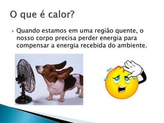    Quando estamos em uma região quente, o
    nosso corpo precisa perder energia para
    compensar a energia recebida do ambiente.
 
