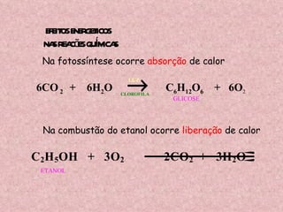 EFEITOS ENERGETICOS  NAS REACõES QUÍMICAS 6CO  2  +  6H 2 O      C 6 H 12 O 6   +  6O 2 LUZ CLOROFILA GLICOSE Na fotossíntese ocorre  absorção  de calor Na combustão do etanol ocorre  liberação  de calor ETANOL 