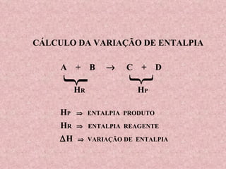 CÁLCULO DA VARIAÇÃO DE ENTALPIA A  +  B     C  +  D    H R H P H P     ENTALPIA  PRODUTO H R     ENTALPIA  REAGENTE  H      VARIAÇÃO DE  ENTALPIA 