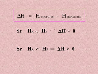  H   =  H  (PRODUTOS)   –  H  (REAGENTES) Se  H R      H P    H   >  0  Se  H R   >  H P    H   <  0  