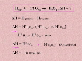  H = H (produtos)  –  H (reagentes)  H = Hº H 2 O (l)  –  (   Hº  H 2 (g)   +  1/2   Hº  O 2(g) ) Hº  H 2 (g ) =   Hº  O 2(g)  =  zero  H = Hº H 2 O (l) Hº H 2 O (l) =  – 68,4kcal/mol   COMO e ENTÃO  H =  – 68,4kcal/mol   H 2(g)  +  1/2   O 2(g)      H 2 O (g )   H = ? 