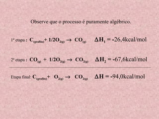 1ª etapa  :  C (grafite) + 1/2O 2(g)      CO (g)   H 1  = - 26,4kcal/mol 2ª etapa  :  CO (g)  +  1/2O 2(g)      CO 2(g)   H 2  = - 67,6kcal/mol Etapa final:  C (grafite) +  O 2(g)      CO 2(g)   H = - 94,0kcal/mol Observe que o processo é puramente algébrico. 