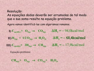 Resolução: As equações dadas deverão ser arrumadas de tal modo que a sua soma resulte na equação-problema. C (grafite ) +  O 2(g)      CO 2(g)   H 1  = –  94,0kcal/mol H 2(g)  +  1/2   O 2(g)     H 2 O (l)   H 2  = –  68,4kcal/mol C (grafite) +  2H 2(g)      CH 4(g)   H 3  = –  17,9kcal/mol Equação-problema: I) II) III) Agora vamos identificá-las com algarismos romanos. CH 4(g)  +  O 2(g)    CO 2(g) +  H 2 O (l) 