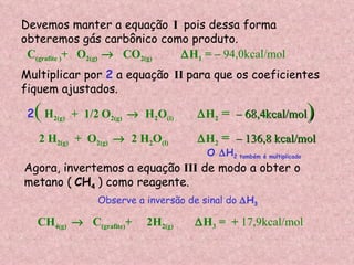 Agora, invertemos a equação  III  de modo a obter o metano (   CH 4  ) como reagente. CH 4(g)     C (grafite) +  2H 2(g)   H 3  =  +  17,9kcal/mol Observe a inversão de sinal do   H 3   Devemos manter a equação   I  pois dessa forma obteremos gás carbônico como produto. C (grafite ) +  O 2(g)      CO 2(g)   H 1  = –  94,0kcal/mol 2 (  H 2(g)  +  1/2   O 2(g)     H 2 O (l)   H 2  =  – 68,4kcal/mol ) Multiplicar por  2  a equação   II   para que os coeficientes fiquem ajustados. 2 H 2(g)  +  O 2(g)     2 H 2 O (l)   H 2  =  – 136,8 kcal/mol O   H 2 também é multiplicado   